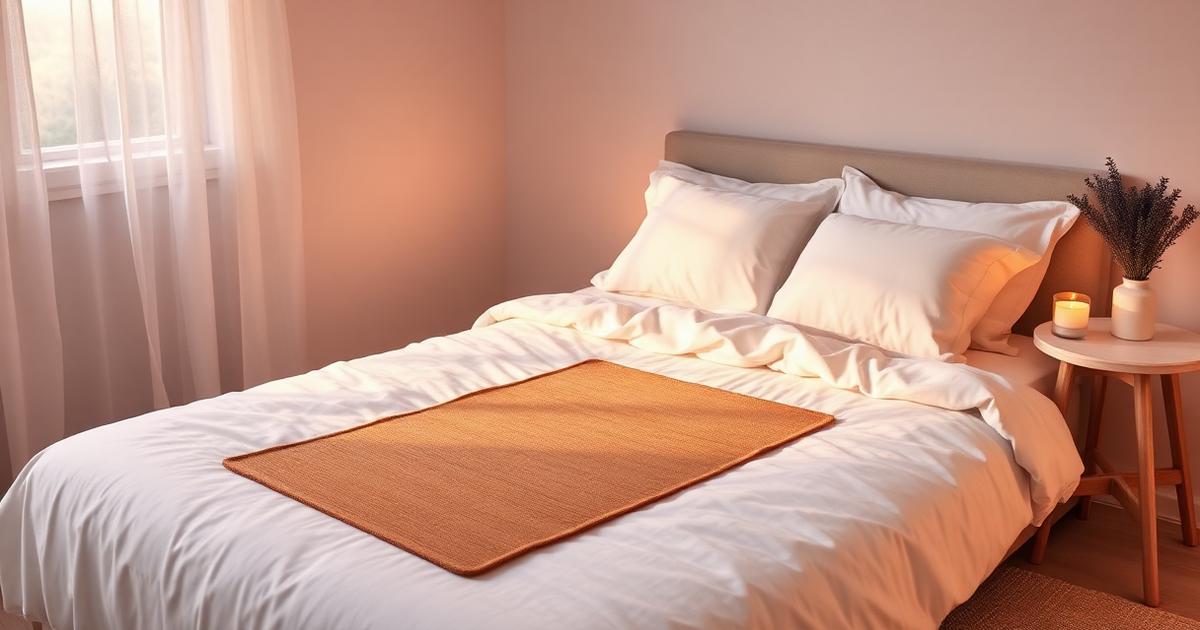 A grounding mat placed on a cozy bed in a softly lit bedroom, inviting restful sleep